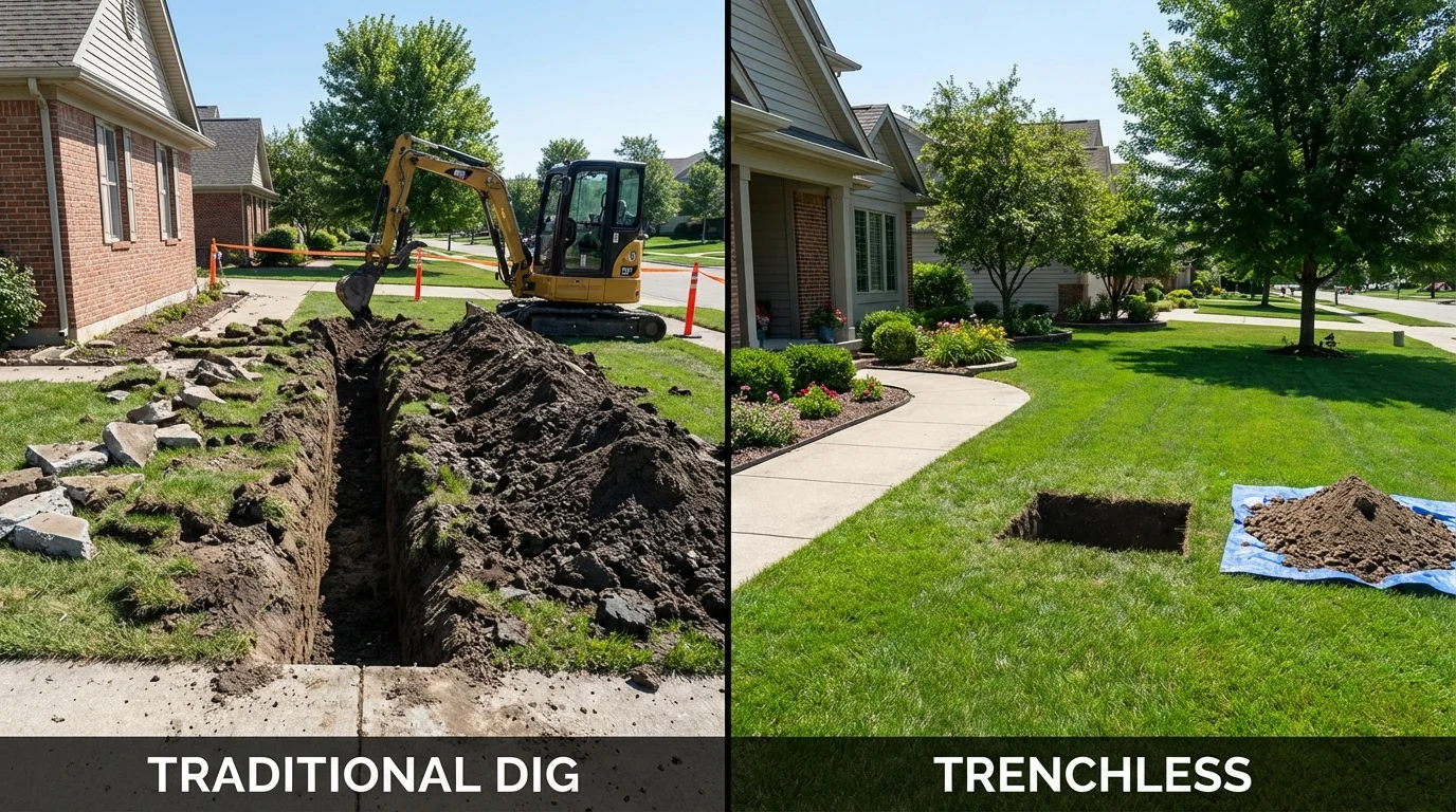 Trenchless sewer repair with minimal yard damage versus traditional excavation in Berkeley, IL