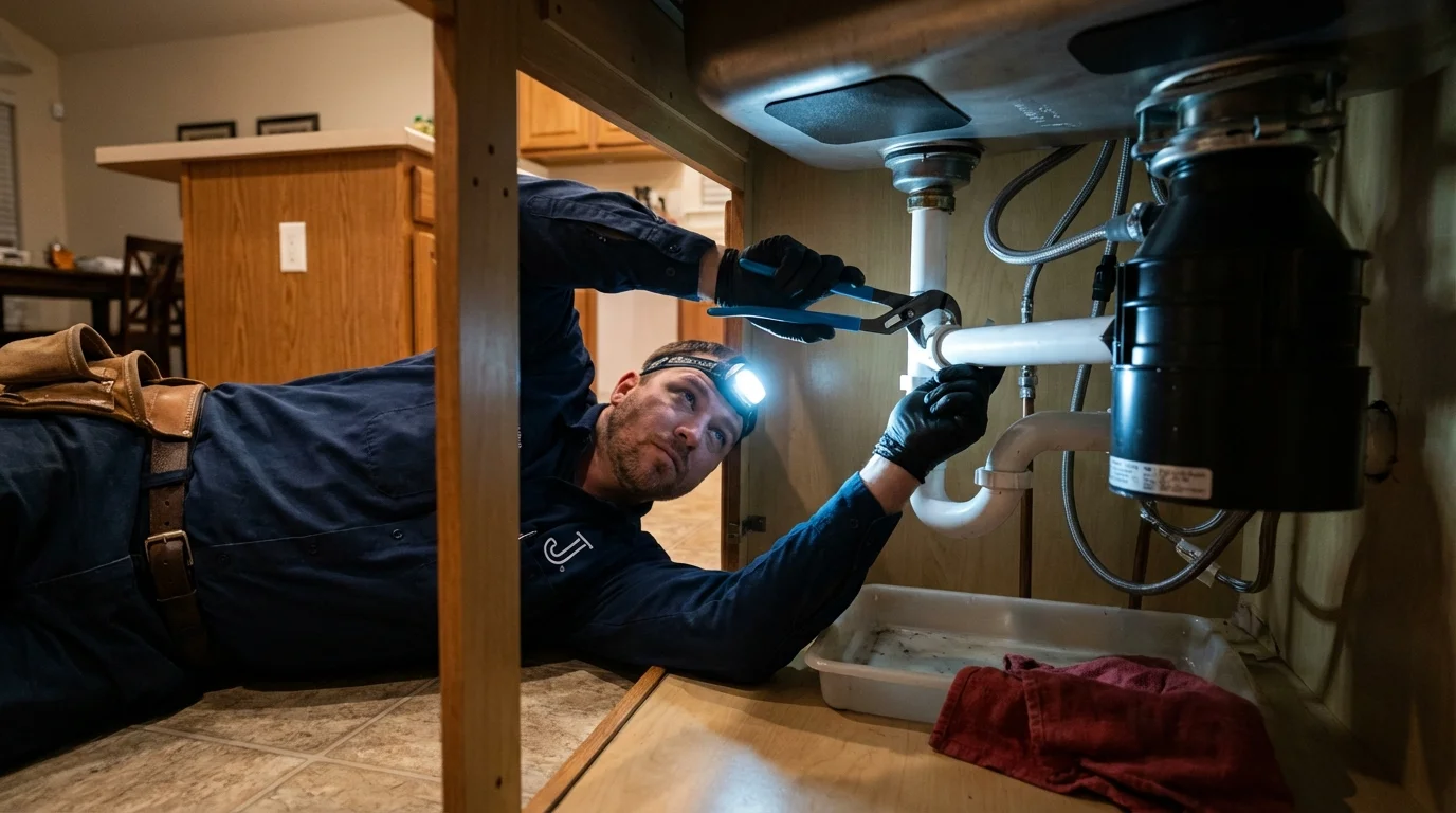P-trap and supply line connections under a kitchen sink showing a common leak point in Berkeley, IL